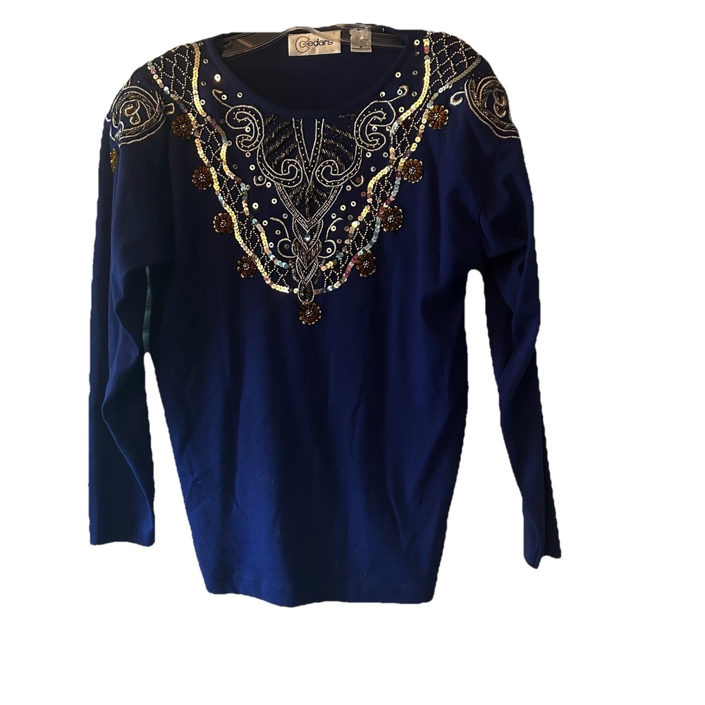 NWT Vtg Royal Blue LS cotton Top W Gold Sequins/beading Around Neckline Cedars S